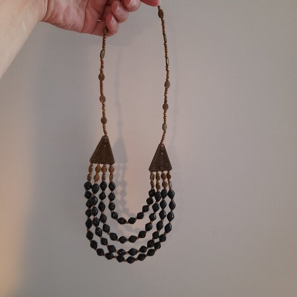 Brass Tone and Black Bib Necklace Rolled Paper Beads Ethnic Boho Tribal - Picture 2 of 14